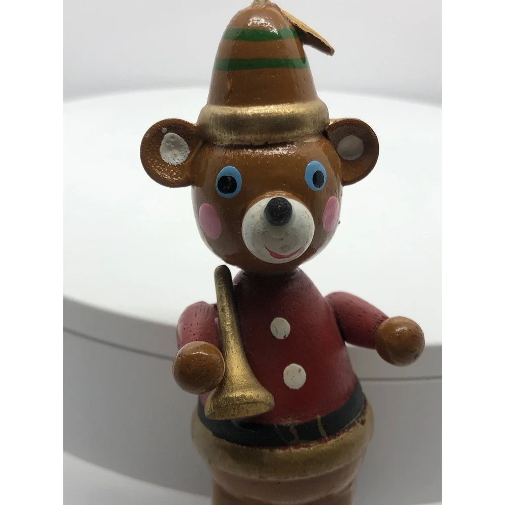 Vintage Christmas Wooden Teddy Bear Toy Ornament With‎ Horn Musical 4.25